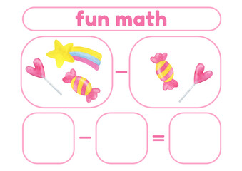 Activity page, sheet for kids. Arithmetic task with sweets and a rainbow. A game for teaching a child to count. An exercise for learning numbers. A lesson with mathematical examples for a preschooler.