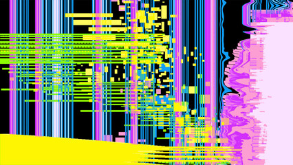 Screen noise with pixel burn-in and pink-blue lines on a black screen. Glitch effect of a faulty device with interface failure. Vector abstraction of technological design.