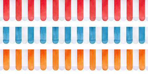 Watercolor illustration set of different awnings for shop in various colors with white stripes: bright red, light blue and orange. Seamless repeatable watercolour patterns for design decoration. - 546520559