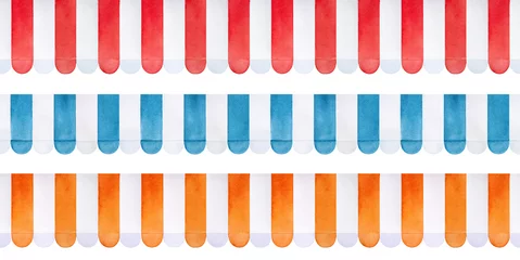Watercolor illustration set of different awnings for shop in various colors with white stripes: bright red, light blue and orange. Seamless repeatable watercolour patterns for design decoration. © Julija