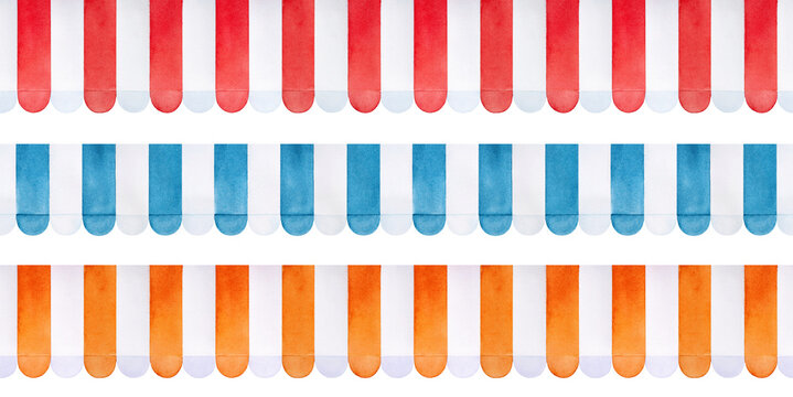 Watercolor illustration set of different awnings for shop in various colors with white stripes: bright red, light blue and orange. Seamless repeatable watercolour patterns for design decoration.