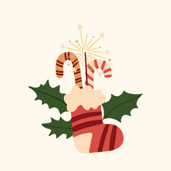 Obraz premium Vector winter Merry Christmas socks with gifts illustration. Hand painted modern boho socks with candy canes and sparkler clipart. Cozy cute flat premade poster composition