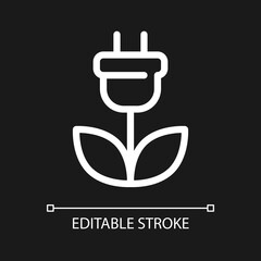 Green electricity pixel perfect white linear ui icon for dark theme. Eco friendly energy. Vector line pictogram. Isolated user interface symbol for night mode. Editable stroke. Arial font used