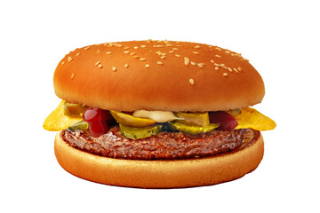 Fresh burger with beef patty isolated on white background