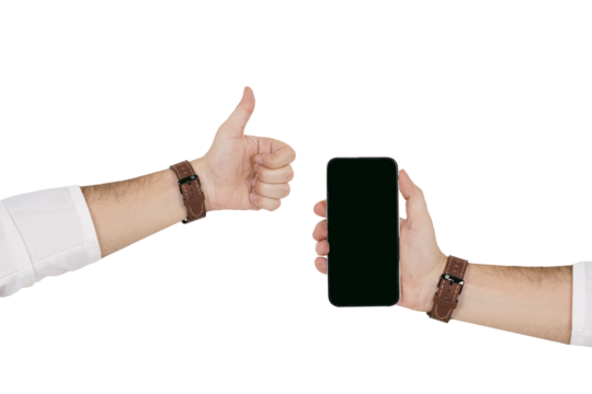 phone in hand with thumbs up on a transparent background. Hand-holding mobile phone. Hands holding mobile phones with empty screen mock-up, PNG file no background. Man holding a mobile phone in a hand