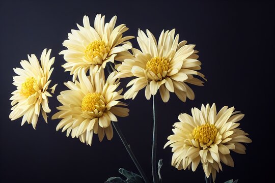 Bouquet of beautiful flowers of yellow chrysanthemums on black background