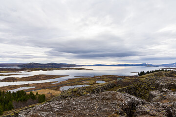 view over lake in Thingvellir Iceland