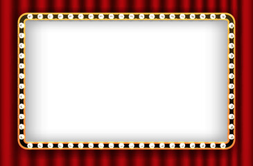 Retro theater sign mockup. Light bulb frame on red curtain background