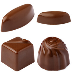 Chocolate candies collection collage isolated on white.