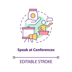 Speak at conferences concept icon. Startup launch. Landing potential customers trick abstract idea thin line illustration. Isolated outline drawing. Editable stroke. Arial, Myriad Pro-Bold fonts used