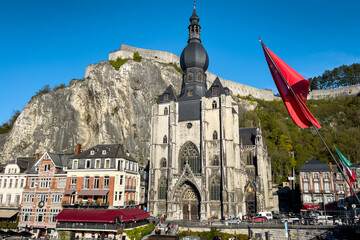 View of the historic town of Dinant with scenic River Meuse in Belgium - obrazy, fototapety, plakaty