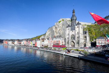 View of the historic town of Dinant with scenic River Meuse in Belgium - obrazy, fototapety, plakaty