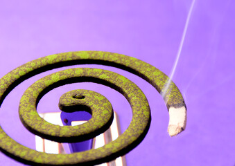 Mosquito coil is mosquito-repelling incense, made by (Azadirachta indica), neem leaves, usually shaped into a spiral, Anti mosquito, green color - insecticides. with neem leaves isolated