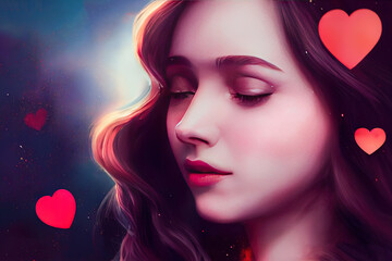 valentines day, sky, hearts, girl, art illustration
