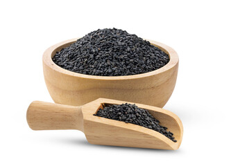 Sesame in wood bowl and scoop isolated on transparent png