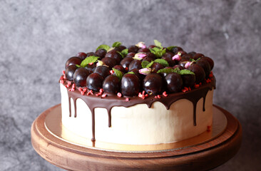 Close-up of a delicious dessert cake with chocolate, grapes and mint
