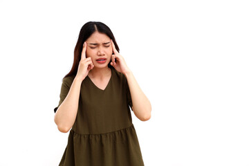 Beautiful young asian woman suffering from headache. Isolated on white with copyspace