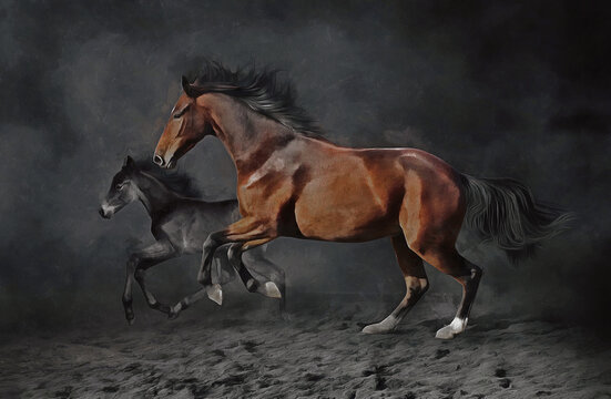 painting . Artistic drawing of a horse and Colt . artist canvas art animal painting collection for decoration and interior. © mozed