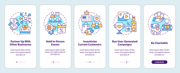 Attract more customers to business tips onboarding mobile app screen. Walkthrough 5 steps editable graphic instructions with linear concepts. UI, UX, GUI template. Myriad Pro-Bold, Regular fonts used