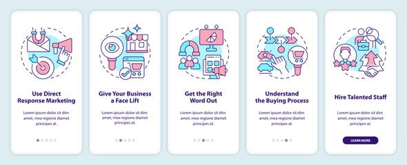 Attracting new customers strategies onboarding mobile app screen. Walkthrough 5 steps editable graphic instructions with linear concepts. UI, UX, GUI template. Myriad Pro-Bold, Regular fonts used