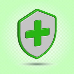 Realistic green shield medical, immune system shield. Health insurance icon virus protection.
