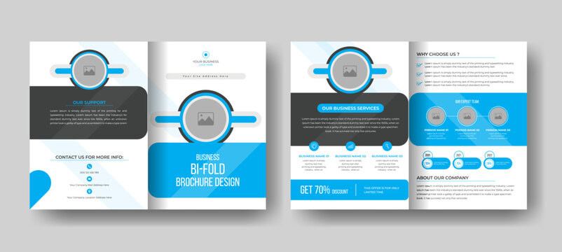 Corporate Business Bi-Fold Brochure Design, professional A4 business bifold brochure template layout design for your business, modern folded brochure vector template design with shapes.