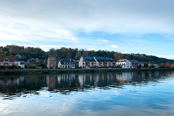 View of the historic town of Dinant with scenic River Meuse in Belgium