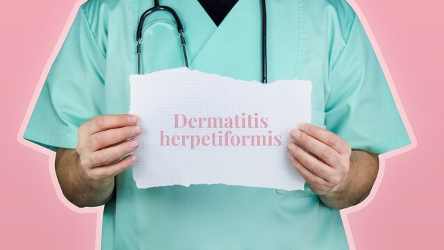 Dermatitis herpetiformis. Doctor with stethoscope in turquoise coat holds note with medical term.