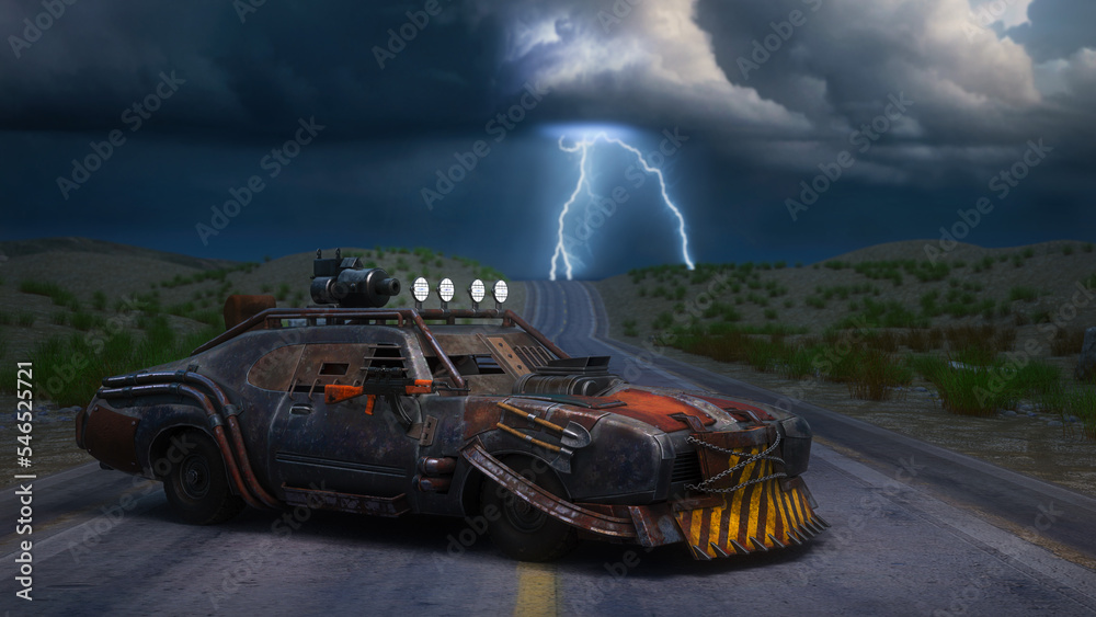Poster post apocalypse fantasy rusty armoured car on a barren desert road at night in a thunder storm. 3d r