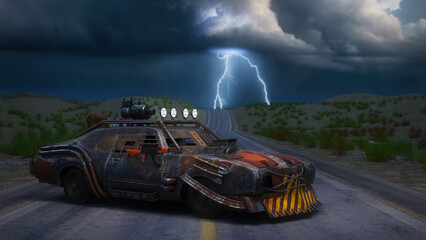 Post apocalypse fantasy rusty armoured car on a barren desert road at night in a thunder storm. 3D rendering. - obrazy, fototapety, plakaty