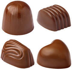 Chocolate candies collection collage isolated on white.