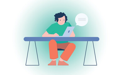 boy character works remotly with laptop. flat vector illustration on gradient background