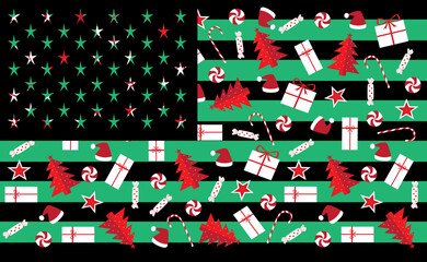 American flag graffiti green color background. Merry Christmas USA with gifts, stars and Santa hat