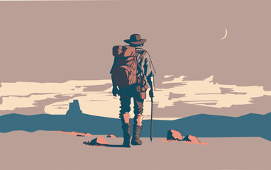 Man hiking in nature. Vector art of an adventurer in nature exploring the outdoors. Travel illustration. Person with a backpack walking. Young man on a journey. Silhouette of trekking. Summer activity