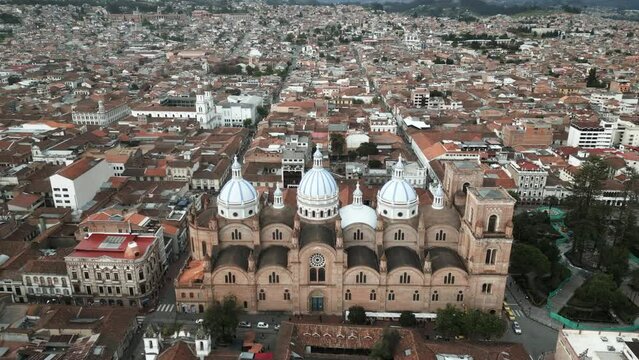 Cuenca Ecuador Aerial Drone Flying Above Cathedral of the Immaculate Conception Historical Center of the City Travel and Tourism Latin America, White Domes near Parque Calderon