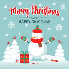 Christmas and New Year greeting card with snowman and gifts