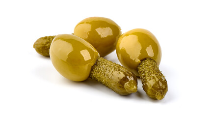 Green olives with cucumber. MANZANILLA Green olives stuffed with gherkin. Close up. Isolated on white background