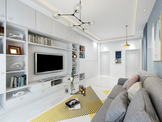 3D rendering, wooden Nordic style living room design