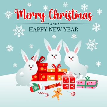 Christmas and New Year greeting card with bunnies and gifts