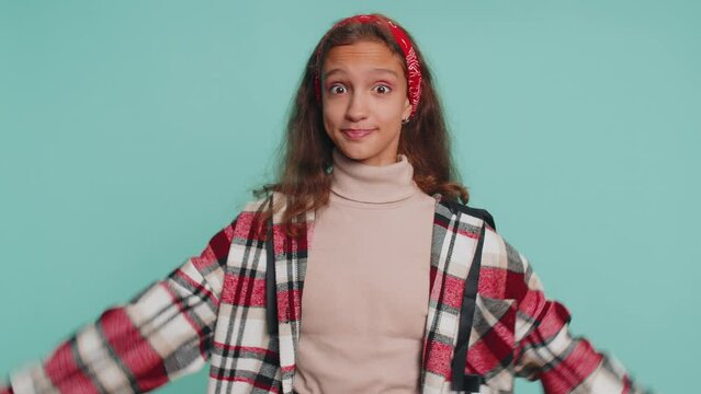 Excited amazed teenager child girl kid shocked surprised wow showing hands brain head explosion gesture. Preteen children touching head showing explosion, looking worried shocked, professional burnout
