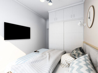 3D rendering, clean and tidy Nordic style bedroom design