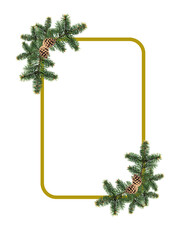 Empty christmas festive golden background frame with fir branches and pine cones at the corners. Festive design, decor. Flat lay, top view, copy space.