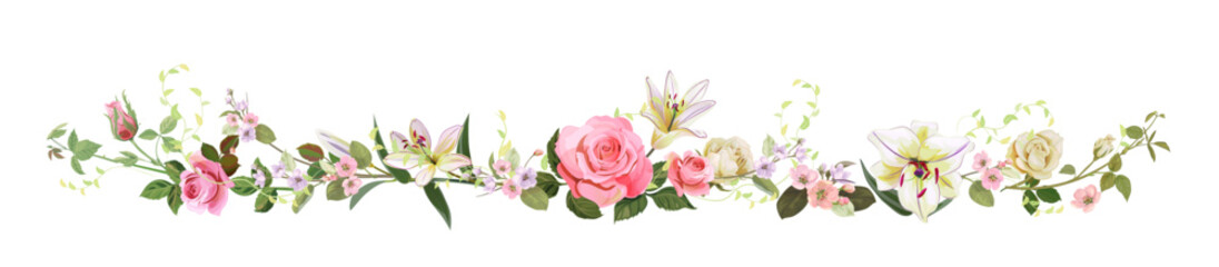 Panoramic view with white, pink gentle roses, lilies, spring blossom. Horizontal border for Valentine's Day: flowers, buds, leaves on white background, digital draw, vintage watercolor style, vector