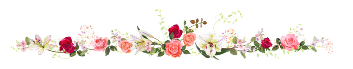 Panoramic view with white, pink, red roses, lilies, spring blossom. Horizontal border for Valentine's Day: flowers, buds, leaves on white background, digital draw, vintage watercolor style, vector