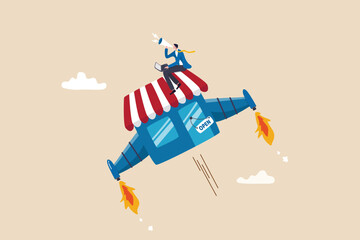 Marketing or promotion to boost sales, increase customer to visit store front or e-commerce performance, advertising to grow profit concept, businessman promote his shop with rocket booster flying.