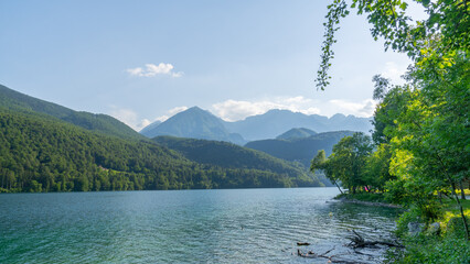 Forrest mountains next to a river in Barcis, Italy