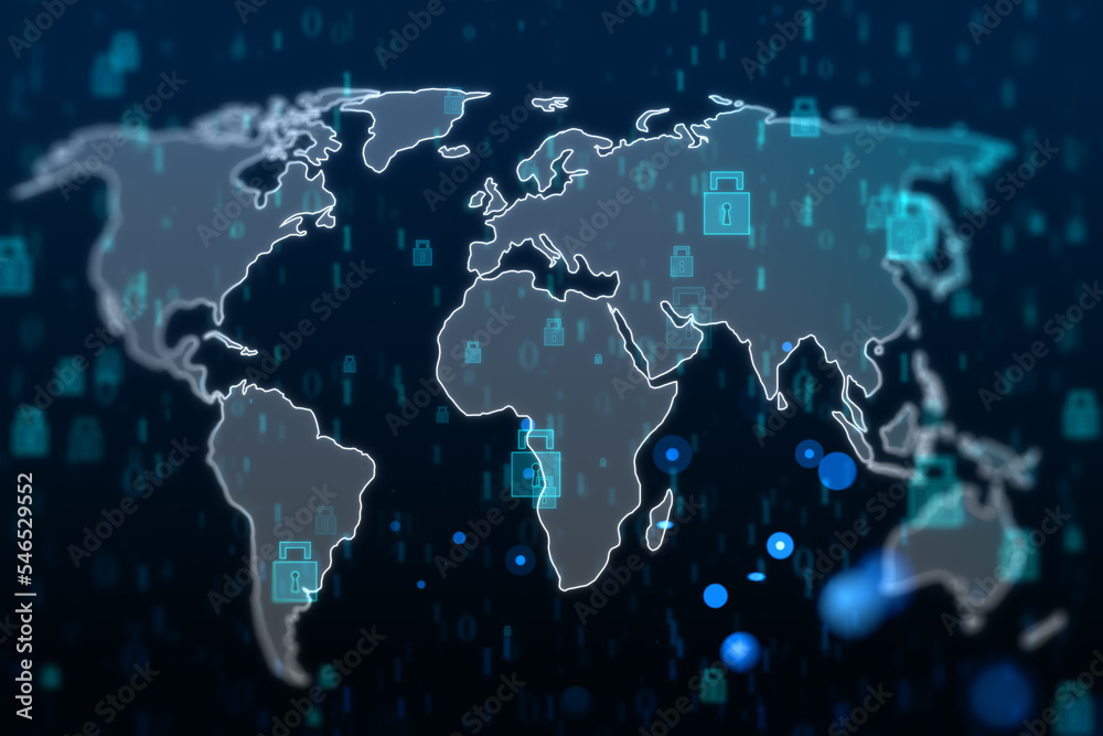 Poster Global network security concept with digital world map covered by lock icons on dark background. 3D rendering