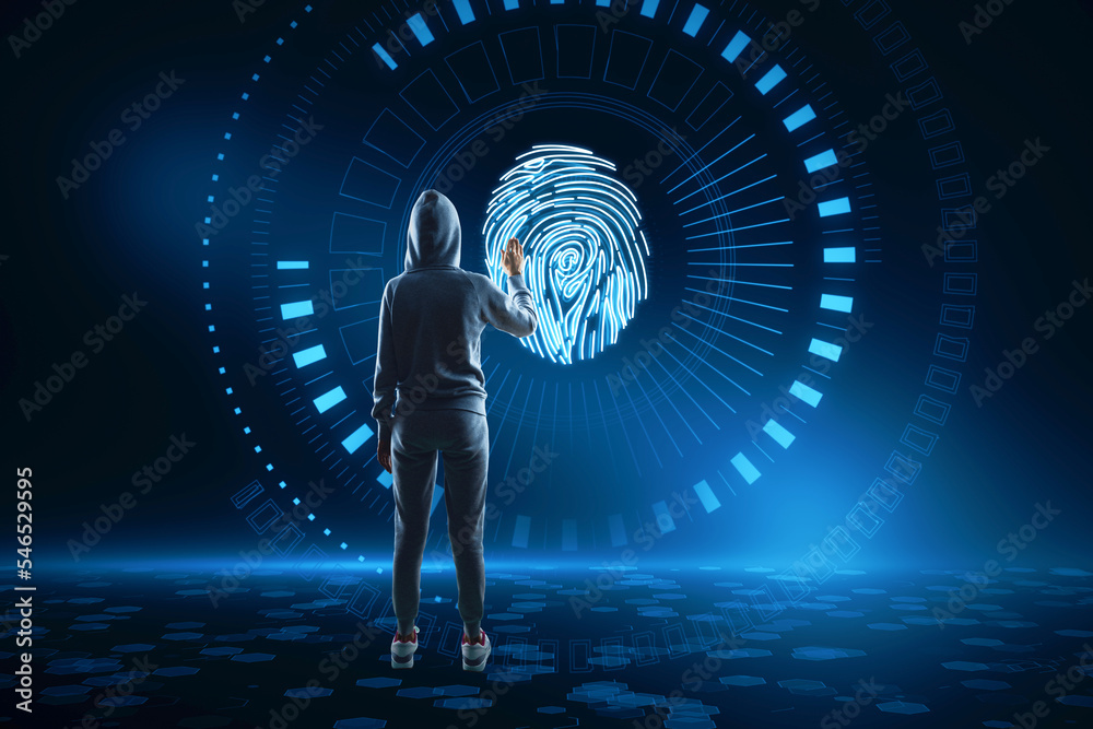 Poster Hacker using abstract glowing fingerprint hologram on blurry blue background. Personal security and data theft concept.