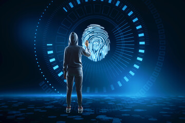 Hacker using abstract glowing fingerprint hologram on blurry blue background. Personal security and...