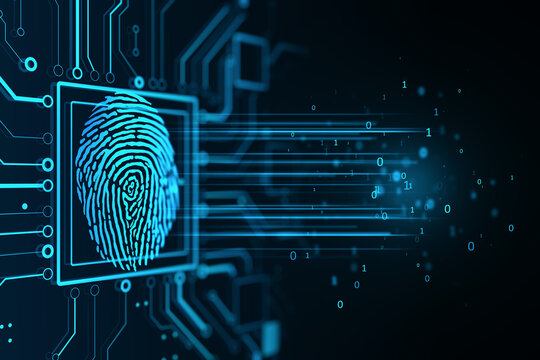 Future protection technologies and security access concept with digital fingerprint and binary code on dark background. 3D rendering